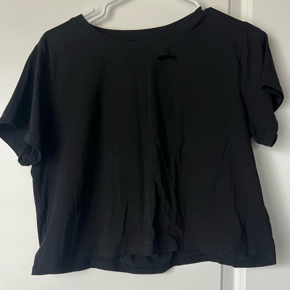 Size large, black, distressed crop top.